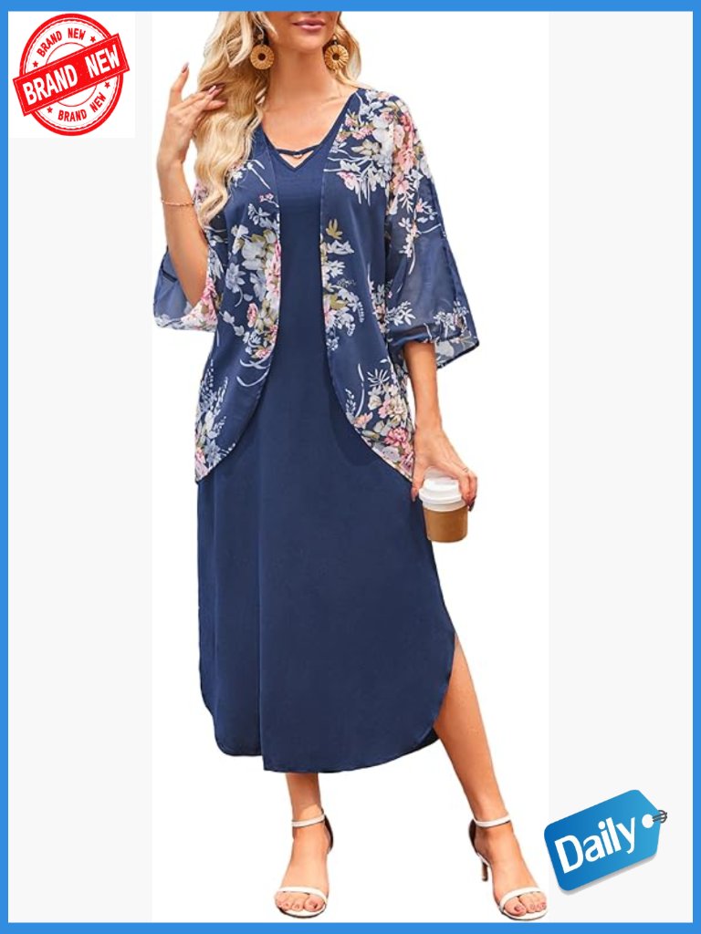 Women's 2 Piece Maxi Dress Set Sleeveless Wrap V-Neck Floral Summer